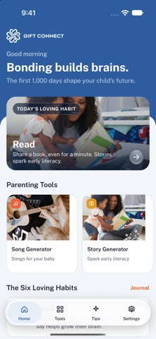 Gift Connect Parenting Suite home screen, from its App Store listing